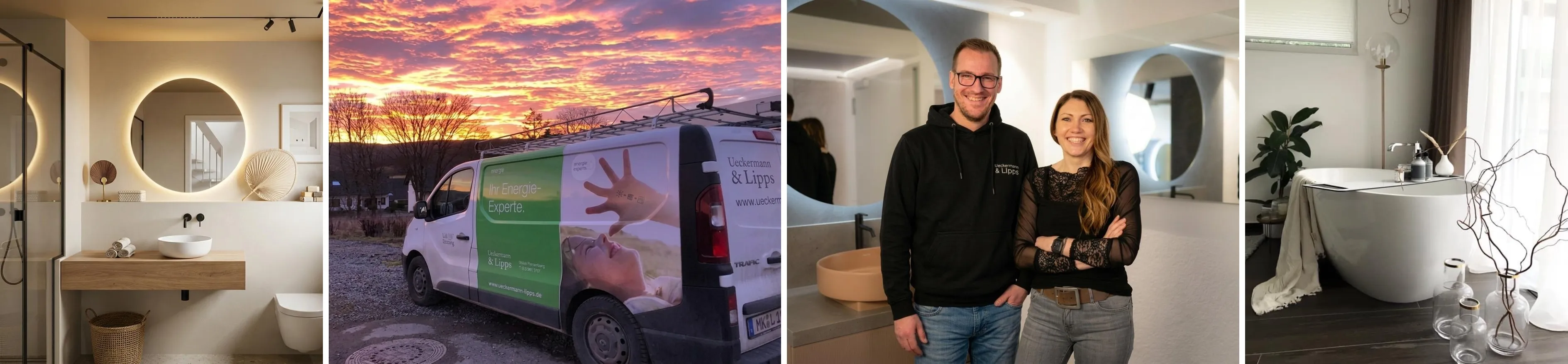 Ein freundliches Team, bestehend aus einem Mann und einer Frau, lächelt in einem modernen Showroom mit runden Designelementen im Hintergrund. Der Mann trägt einen Hoodie, die Frau eine schwarze Spitzenbluse.