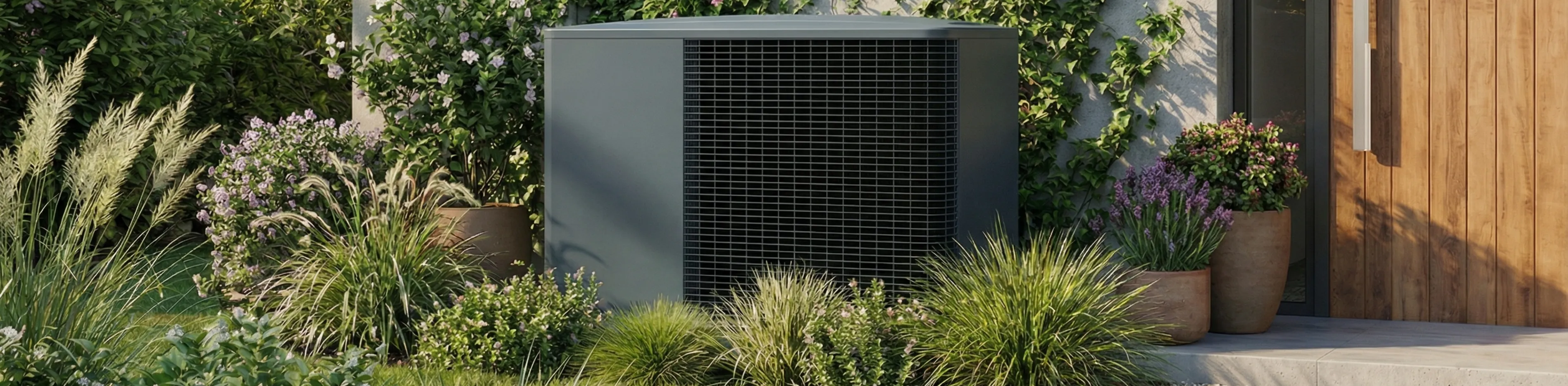 Modernes dunkelgraues Wärmepumpen-Außengerät, ästhetisch integriert in einen gepflegten Garten mit üppigen Gräsern und blühenden Sträuchern. Dieses Gerät neben der Hausfassade zeigt eine energieeffiziente und umweltfreundliche Heizlösung.