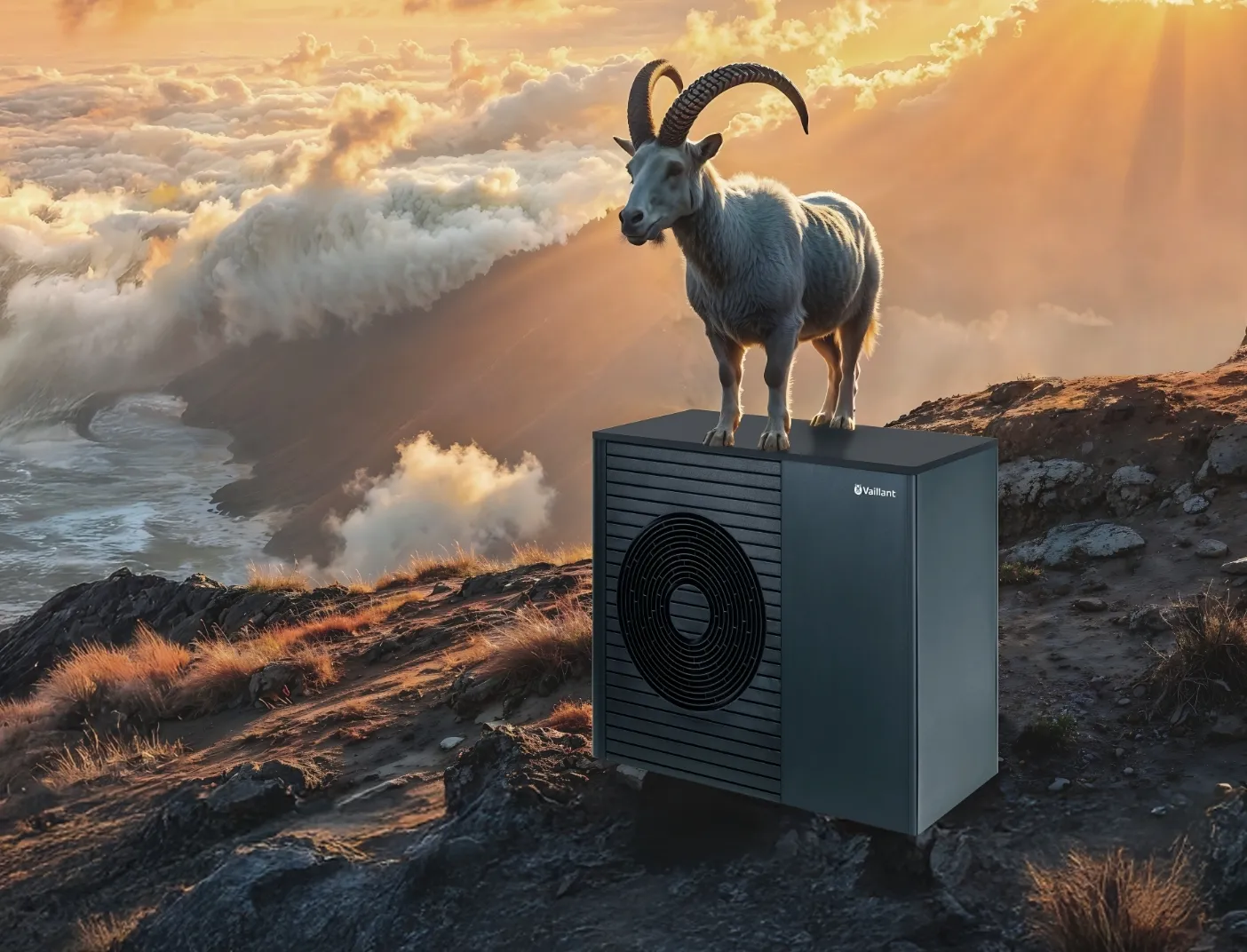 KI-generiertes Bildt zeigt einen Steinbock der vor eine Steilküste auf einer Vaillant-Wärmepumpe steht.