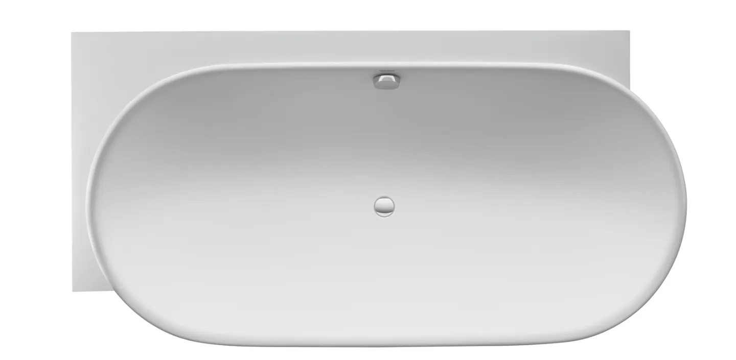 Eine minimalistische, ovale Badewanne in schlichtem Weiß, von oben betrachtet. Die geschwungenen Linien und die glatte Oberfläche unterstreichen das elegante Design. 