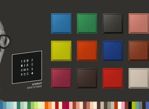 Farbiges Schalterdesign von JUNG nach der Le-Corbusier-Farbpalette, mit 16 verschiedenen Tönen, neben einem Bild von Le Corbusier.