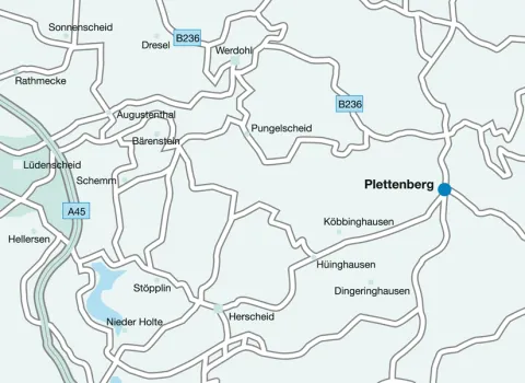 Kartenausschnitt um Plettenberg im Märkischen Kreis für die Anfahrt zur Ueckermann & Lipps GmbH.