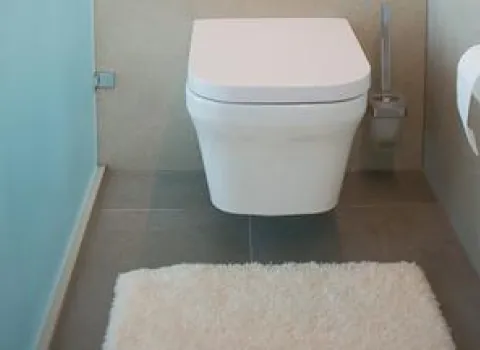 Moderne, wandhängende Toilette mit hellgrauen Fliesen und einer hellblauen Wand links. Vor der Toilette liegt ein flauschiger, heller Badteppich. Rechts ist ein Toilettenpapierhalter an der Wand befestigt.