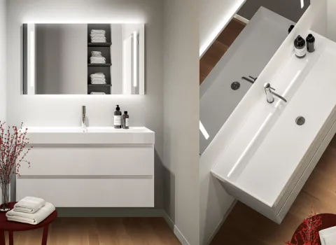 Detailansicht eines minimalistischen Waschtischs mit schlanker Armatur und grifflosem Unterschrank von Stocco.