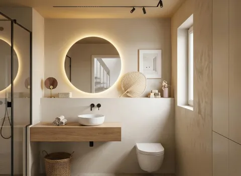 Ein modernes, helles Badezimmer in neutralen Erdtönen, featuring einen runden, hintergrundbeleuchteten Spiegel über einem schwebenden Holzwaschtisch mit weißer Aufsatzschale und schwarzen Armaturen. Eine wandhängende Toilette und minimalistische Dekorationen runden das harmonische Ambiente ab.