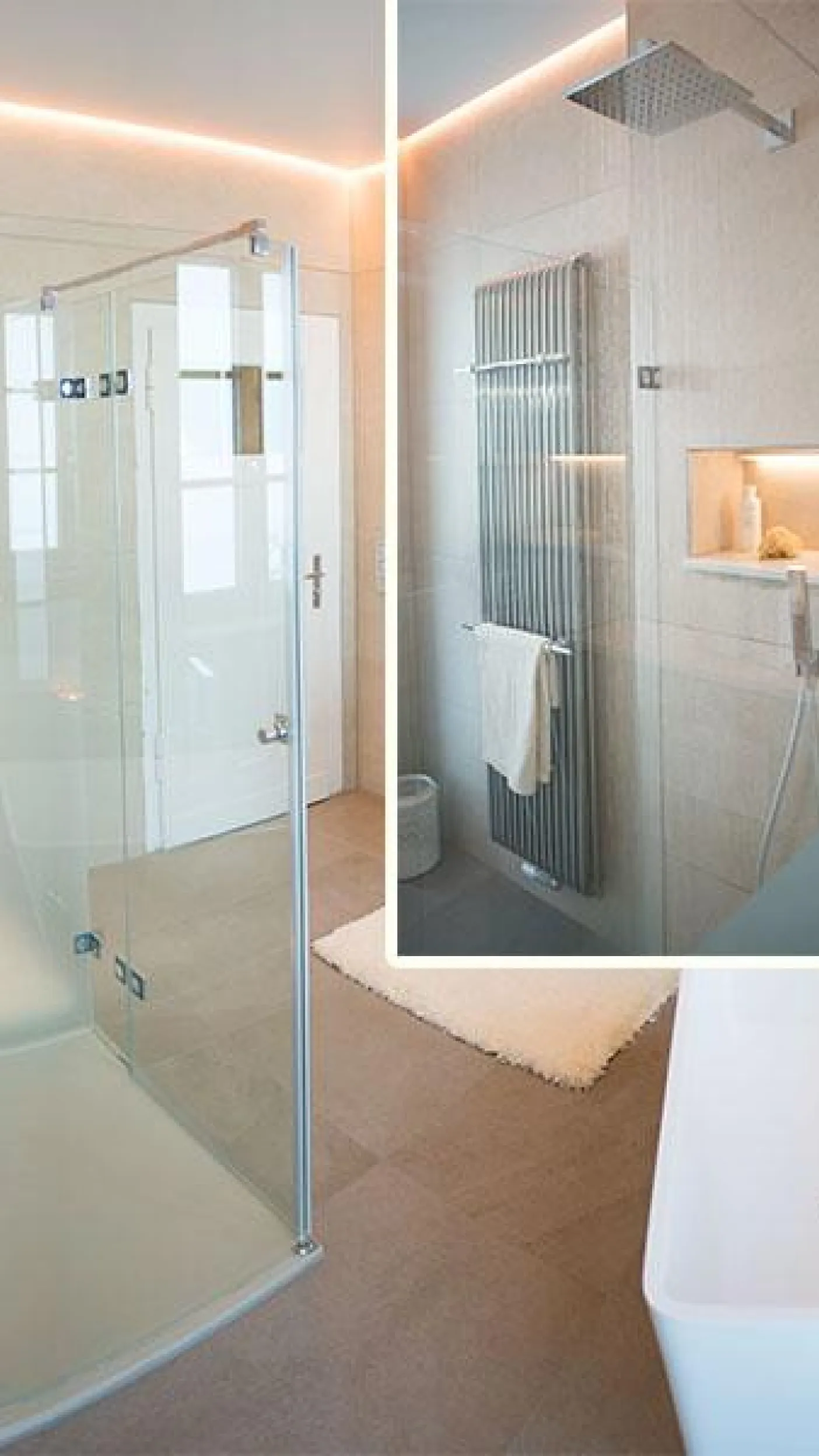 Modernes Badezimmer mit großzügiger Glasdusche, Regendusche, beleuchteter Wandnische und stilvollem Handtuchheizkörper – elegante Kombination aus Funktionalität und Design.