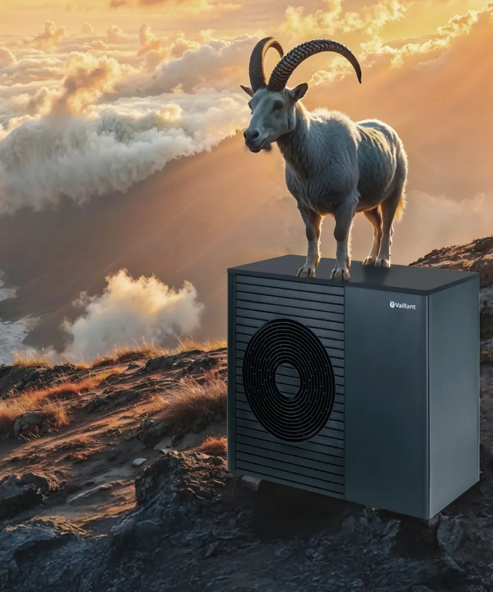 KI-generiertes Bildt zeigt einen Steinbock der vor eine Steilküste auf einer Vaillant-Wärmepumpe steht.