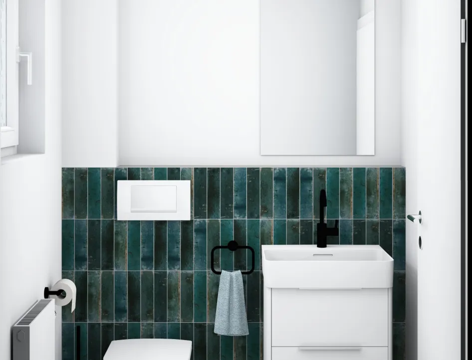 3D-Entwurfsplanung Gäste-WC mit dunklen Design-Fliesen.
