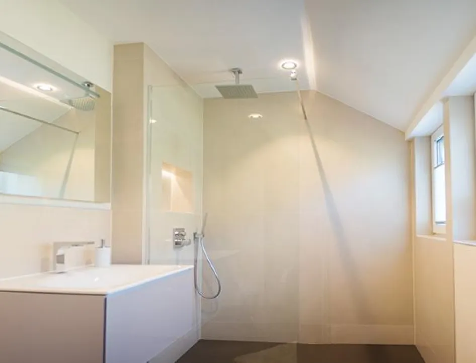 Helles, modernes Badezimmer mit großer begehbarer Dusche, Wandspiegel, weißem Waschtisch und drei Fenstern, die natürliches Licht hereinlassen.